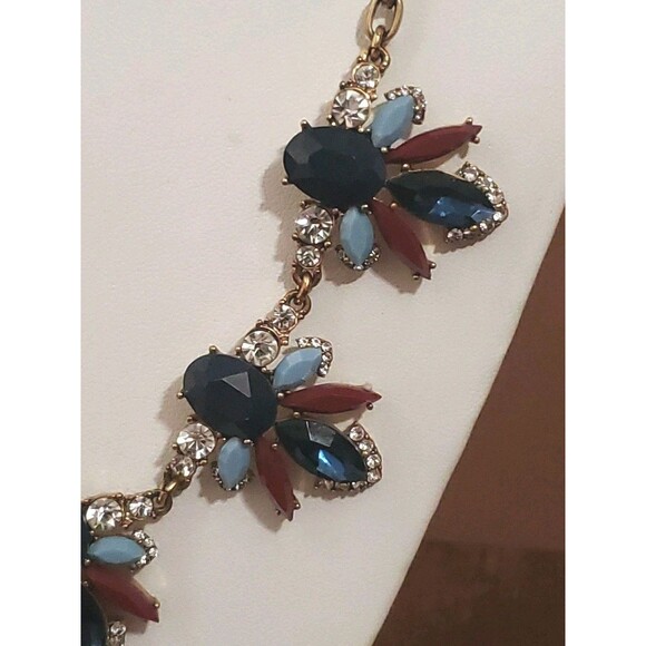 J. Crew Burgundy Navy Blue Rhinestone Statement Necklace Gold Tone Lobster Clasp - Picture 4 of 9
